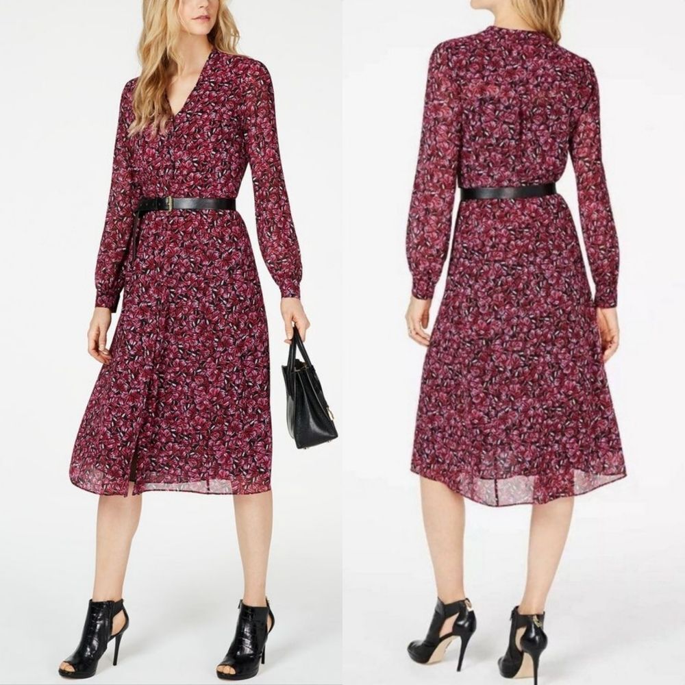 Michael Kors Crepe Long Puff Sleeve Midi Shirt Dress Hot Pink Grand Papillion